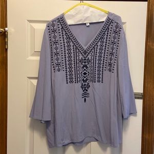 J Jill embroidered tunic. Light blue and navy. Size XL. Rayon. 3/4 Bell sleeves